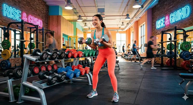 Gym interior with free weights and equipment